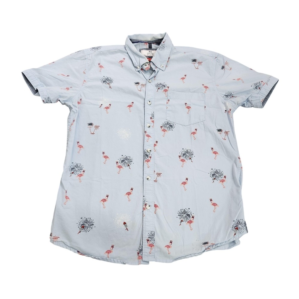 MBX Shirt Mens Medium Blue Flamingo Fireworks Short Sleeve Button Patriotic